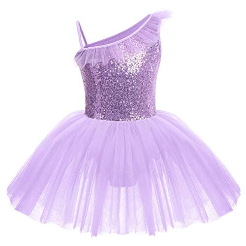 Image of IWEMEK Little Big Girls Sequins Leotard Tutu Ballet Dress Sleeveless Ruffled One Shoulder Gymnastics One Piece Kids Dancewear Camisole Skirt Skating Ballerina Performance Costume Purple 7-8 Years