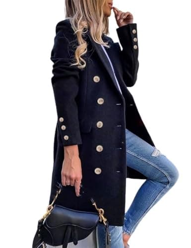Image of IDEALSANXUN Womens Fall Winter Wool Coats Double Breasted Midi Peacoat Trench Coats, Navy, Large