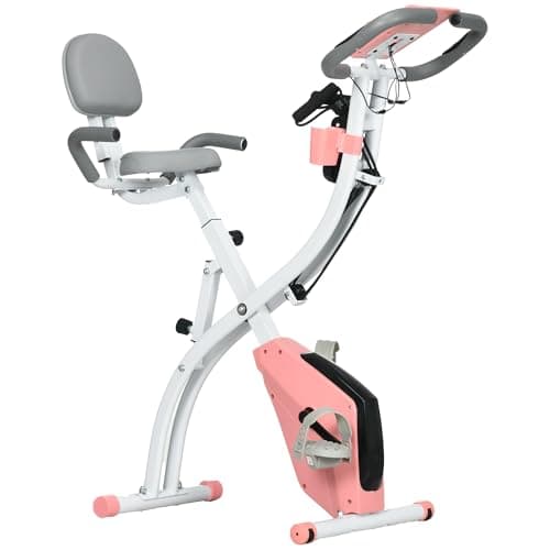 Image of HOMCOM 3-in-1 Folding Exercise Bike, Foldable Stationary Bike with 8-Level Adjustable Magnetic Resistance, Resistance Bands, Adjustable Seat, Pulse Sensor, LCD Monitor and Wheels, Pink
