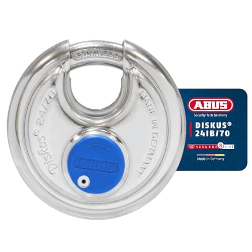 Image of ABUS Diskus Padlock 24IB/70 Made of Stainless Steel - with 360° All-Round Protection - for securing in Extreme Weather Conditions - ABUS Security Level 8 - Silver/Blue
