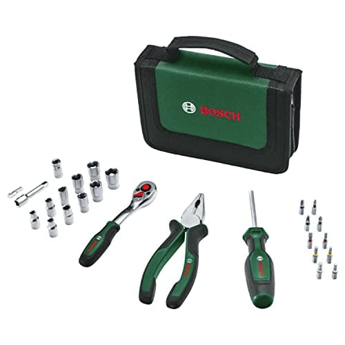 Image of Bosch Mobility Hand Tool Set 26-Piece (Compact and Portable Tool Kit for DIY Tasks; Optimal Choice on the Road; 1/4" Ratchet; Combination Pliers; Universal Screwdriver; in Fabric Bag)