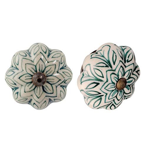 Image of Nicola Spring Ceramic Cupboard Drawer Handle Knobs - Vintage Flower Design - Dark Green - Pack of 6