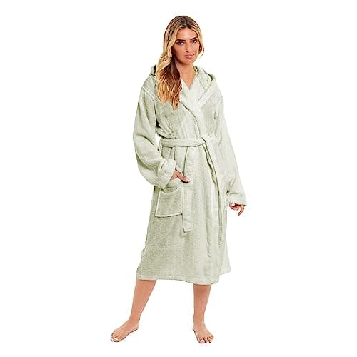 Image of Daisy Dreamer Womens Robe Luxury Terry Towelling 100% Cotton Dressing Gown Bathrobe Highly Absorbent Ladies Hooded Bath Wrap, Sage Green Large