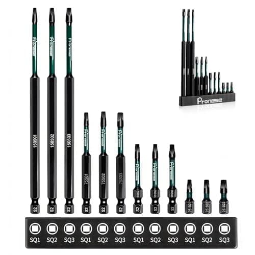 Image of Pronese 12Pcs Square Screwdriver Bits, 25mm/50mm/75mm/150mm, S2 Steel 1/4”Hex Shank Magnetic Square Head Impact Drill Bits, Robertson Screwdriver Bits SQ1 SQ2 SQ3