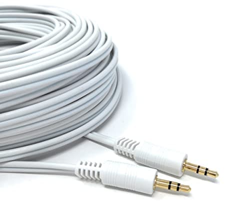 Image of DRUT 20m 3.5mm to 3.5mm Stereo Audio AUX Cable Gold Connectors, Small 3 pin Jack to Jack Speaker Lead 65ft White