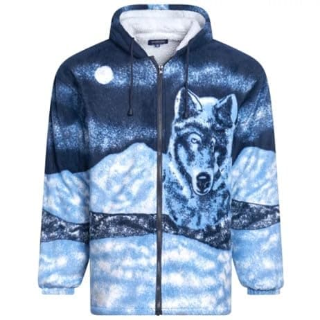 Image of U.S Trading Warm Winter Cosy Outdoor Fleece Wolf Print Jacket (UK, Alpha, XL, Regular, Regular, Blue Hood)