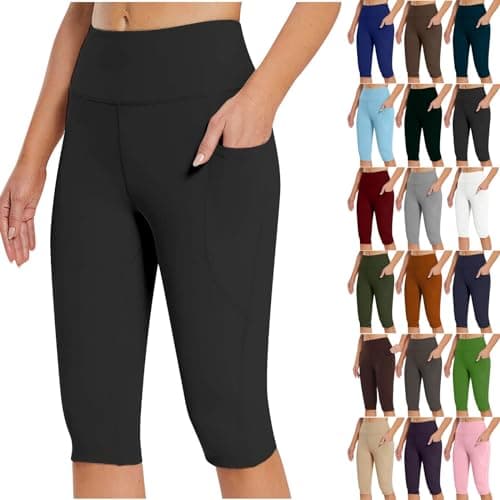 Image of AMDOLE Capri Leggings for Women UK High Waisted Knee Length Yoga Leggings with Pockets Summer Short Legging Tummy Control Yoga Pants Cropped Seamless Stretchy Sports Gym Running Shorts Black, M