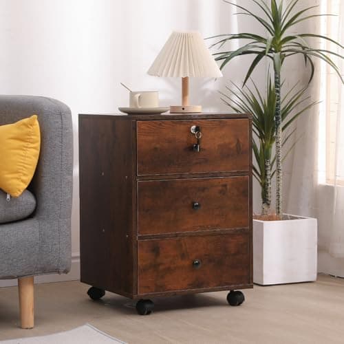 Image of Mobile Lockable File Storage Cabinet with 3 Drawers on Wheels Under Desk Wood Beside Cabinet Pedestal for Unit Document Home Office Printer Stand Filing Side Drawers Nightstand on Caster (espresso)