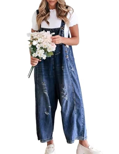 Image of Sukany Women's Vintage Casual Denim Jean Overalls Loose Distressed Bib Dungarees Adjustable Baggy Harem Romper Jumpsuit Pants Navy M