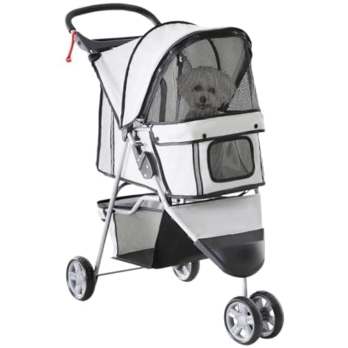 Image of PawHut Dog Stroller, 3 Wheels Foldable Cat Dog Pram with Cup Holder, Storage Basket, Pet Stroller for Small Miniature Dogs, Grey