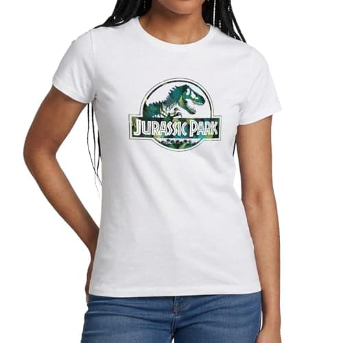 Image of Spreadshirt Jurassic Park Logo with T-Rex Leaves Design Women's T-Shirt, XL, White