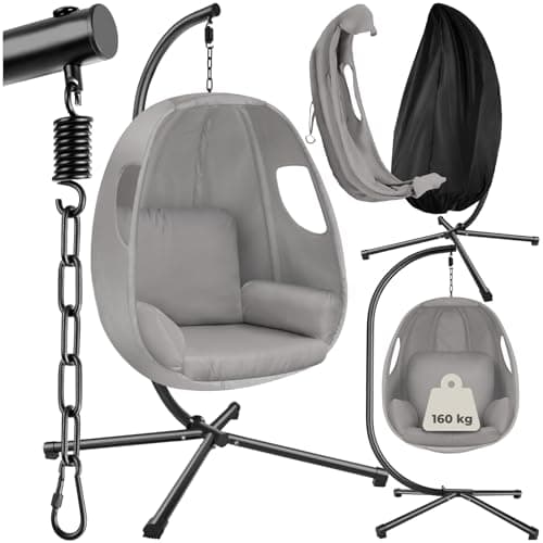 Image of tectake® Hanging Chair - Extra Thick Cushion, 360° Swivel, Steel-Framed Hammock with Four Legs, Non-Slip Feet & Protective Cover - Height-Adjustable Egg Chair for Indoor & Outdoor Use - Light Grey