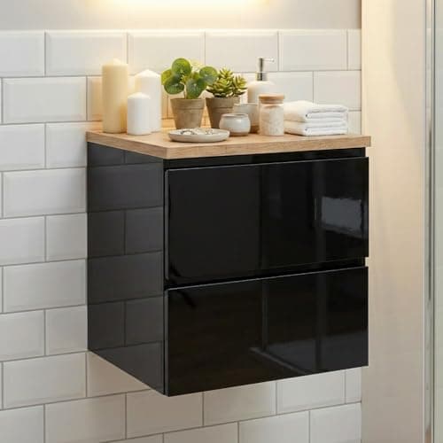 Image of TRANS - PAL Bathroom Furniture Vanity Unit Basin Sink Wall Hung Mounted Soft Close Drawers Storage Cabinet 2 Drawer Ceramic Basin Countertop (Gloss Black, 600mm)