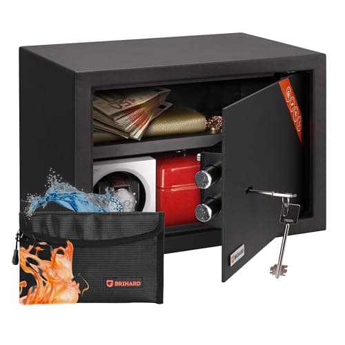 Image of Brihard Family Key Lock Safe 25x35x25cm with Fireproof Money Bag, Home Security Safe 20L with Removable Shelf - Fits A4, Heavy Duty Steel Storage Safe Box for Documents A4, Jewellery, Cash