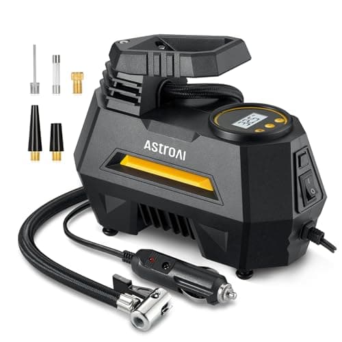 Image of AstroAI Tyre Inflator Air Compressor 12V DC, 35LPM 100W Powerful Portable Car Tyre Pump Auto-Stop with Digital Pressure Gauge, 4 Valve Adaptors and LED Light, Car Accessories