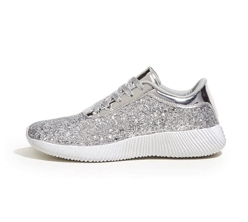 Image of LUCKY STEP Women's Glitter Shoes Sparkly Lightweight Metallic Sequins Tennis Sneakers (Silver, 10US-41EU-8UK)