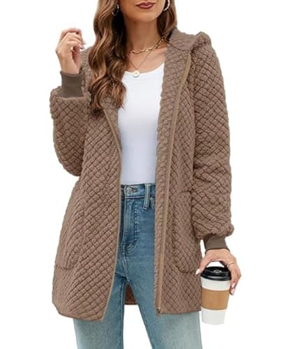 Image of ABINGOO Women's Winter Jacket Fleece Jacket Long Hooded Jacket Teddy Jacket Fluffy Plush Jacket Warm Zip Hoodie Cuddly Jacket Winter Coat with Pockets, brown, M
