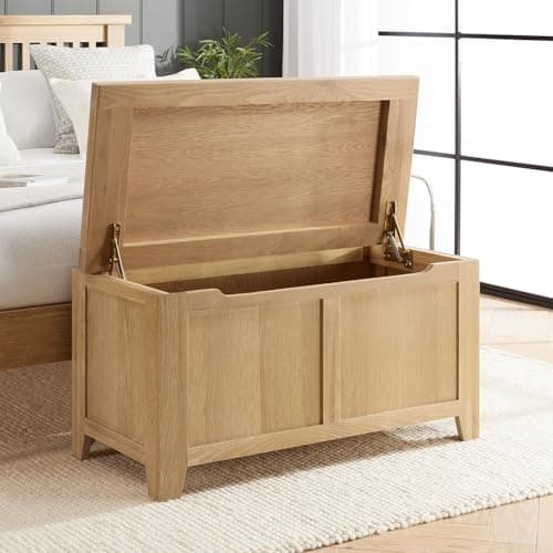 Image of The Furniture Market Cheshire Whitewash Oak Blanket Box | Solid Oak Storage Chest | Fully Assembled | Easy-Open Hinged Top | Whitewashed Finish | Versatile Storage Trunk | H 500 x W 980 x D 460mm