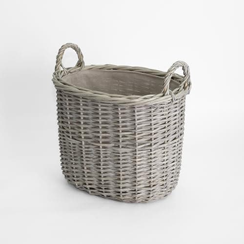 Image of Wickerfield Grey Wash Wicker Storage Basket, Wicker Log Baskets with Handle & Lining, Willow Storage Basket for Laundry Toys Blankets Logs (Oval, Small)