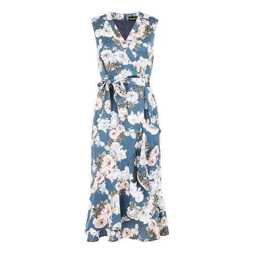 Image of Mela London Womens Blue Floral Satin Wrap Midi Dress Blue 10