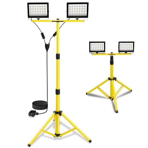 Image of T-SUN 11000Lumen LED Work Light with Stand, 2 Adjustable Head LED Floodlight with 13FT Cord Individual Switch IP66 Waterproof Foldable Tripod Work Lights for Indoor Outdoor Job Site Workshop Garage