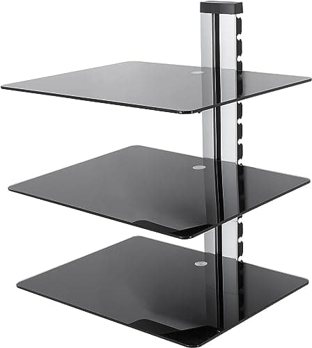 Image of mahara Black Glass Floating Shelves - Three Tier Shelf Unit with Tempered Glass and Silver Cable Management - For TV,AV & Gaming - 38cm x 28cm - 10Kg Max