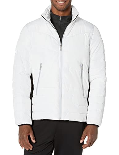 Image of Kenneth Cole Men's Reflective Zipper Tape Puffer Memory Fabric Jacket, White, S
