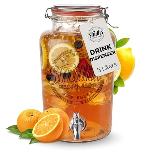 Image of Smith's Mason Jars 5 Liter Glass Drinks Dispenser with Stainless Tap Spigot | Punch Dispenser | Drink Pitcher with Spout | Ideal for Outdoor Picnic BBQ Parties and More (Without Stand)
