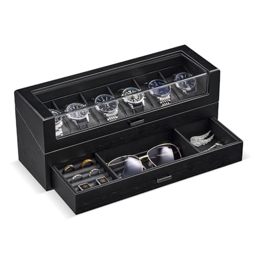 Image of ProCase Wooden Watch Box for Men, Wood Watch Display Case with Glass Lid, Men's Jewelry Organizer Box with Drawer -6 Slot, Black