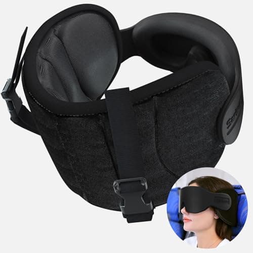 Image of SARISUN Travel Pillow for Airplane, Plane Pillow with 3D Eye Mask for Sleeping, 360°Support Airplane Head Strap for Long Flight, Stop Bobblehead, Travel Essential, Black