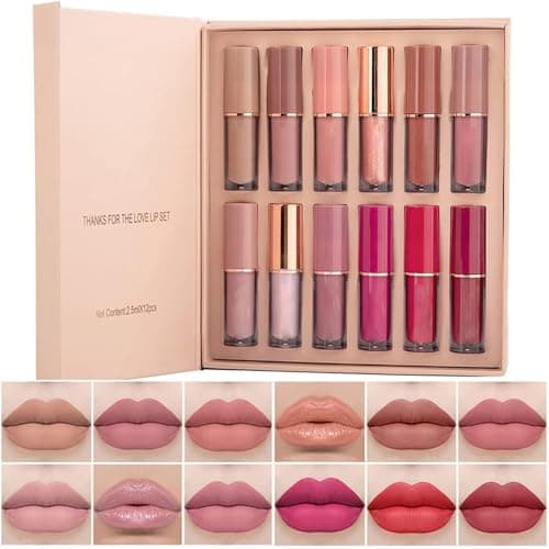 Image of Beliky Girl 12 Colors Nude Liquid Lipstick Makeup Set Matte Velvet Non-Stick Cup Not Fade Long-Lasting Waterproof Pink Lip Gloss High Shine Lip Plumping Glass Finish Lipstick Set Gift Kit For Women