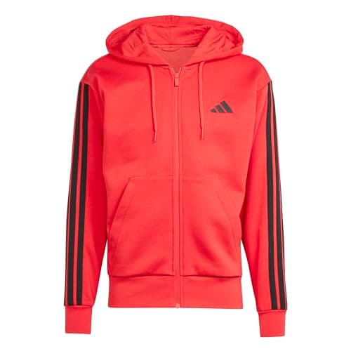 Image of adidas Men's ESSENTIAL THREE STRIPES FLEECE ZIPPER HOODIE, pure ruby/black, S