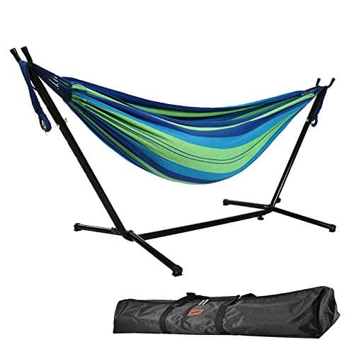 Image of Goutime 9Ft Double Hammock with Detachable Stand,550 Pound Capacity, Includes Portable Carrying Bag Perfect for Indoor Outdoor Patio, Deck, Yard,Balcony (Blue Green)