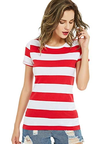 Image of Striped T Shirts Women Red and White Stripes Short Sleeve Crew Neck Tees L