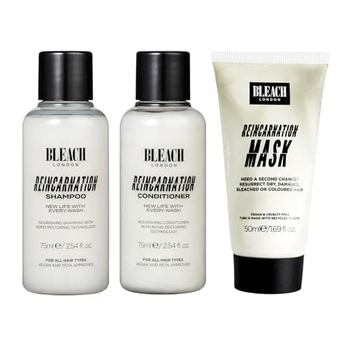 Image of Bleach London Travel Size Reincarnation Haircare Routine Set with Reincarnation Shampoo and Conditioner 2 x 75ml and Hair Mask 50ml, Bond Restoring Treatment for Dry, Damaged or Bleached Hair