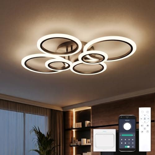 Image of YOLEDY Chandeliers Ceiling Light with Remote & APP, 6 Rings, Dimmable, Modern Ceiling Lights for Living Room, Hall, Lounge, Bedroom - Black
