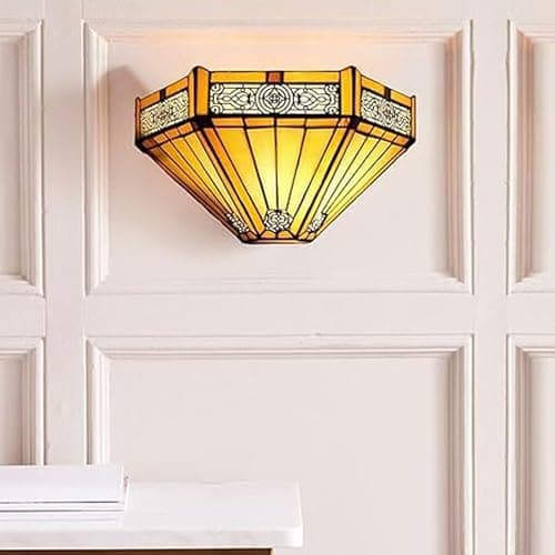 Image of Auroh 12 Inch Tiffany Style Wall Sconce Light, Yellow Hexagon Vintage Stained Glass Wall Lamp Sconce for Room, Lounge, Corridor, Hallway (TWL-1005)