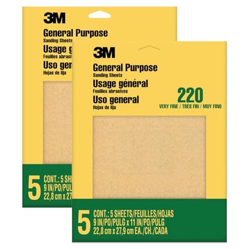 Image of 3M Sandpaper, 220 Grit, 5 Sheets, 9 in x 11 in, Sands Paint, Wood & Metal, Great for General Purpose Sanding, Very Fine Aluminum Oxide Sand Paper (9000NA-20), 2-Pack