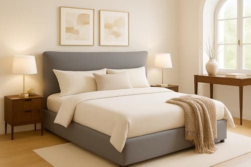 Image of Home Treats Small Double Ottoman Storage Bed Frame Pillow Padded Headboard Design | Gas Lift Grey Linen Fabric Upholstered Storage Bed Padded (No Mattress, Small Double)