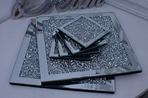 Image of Deenz Set Of 4 Coasters & 2 Placemat Crushed Crystal Sparkle Diamond Glitter Mirrored Silver Home Décor Eye Catching Lovely Display