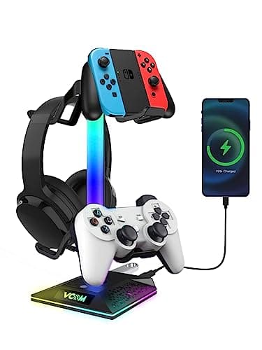 Image of VCOM RGB Headphone Stand with 10 Light Modes, Gaming Controller Holder with 2 USB Ports, PC Gaming Accessories for Desk, Universal Organizer Headpsets/Xbox PS5 Controller Stand Gamer gifts