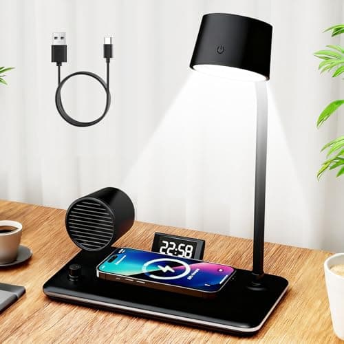 Image of LTXDJ Desk Lamp with Wireless Charging, Dimmable LED Reading Lamp with Bluetooth Speaker and Alarm Clock, Touch Contro Study Lamps Table Lights for Studying Working and Relaxing (Black)