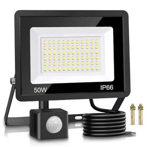 Image of Hoysicy 50W Security Light Outdoor with Motion Sensor, 6500K, 4200LM, LED Floodlight with PIR Sensor, IP66 Waterproof, Super Bright, Ultra Thin for Garden, Garage, Porch, Hallway, Stairway