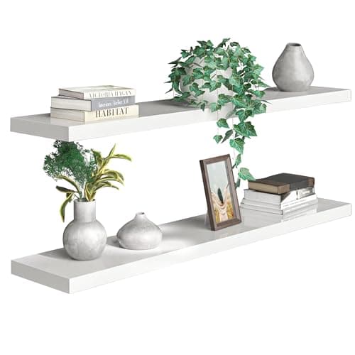 Image of CASARIA® Set of 2 110cmx23cm Matt White Floating Shelf Including Bracket | Wall Shelving Living Room Kitchen Bedroom Office | 38mm Thick | Hidden Wall Fixing | 15kg Capacity MDF