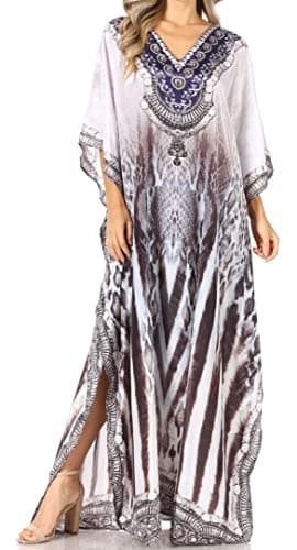 Image of Sakkas P39 - Anahi Flowy Design V Neck Long Caftan Dress/Cover Up with Rhinestone - ZW129-White - OS