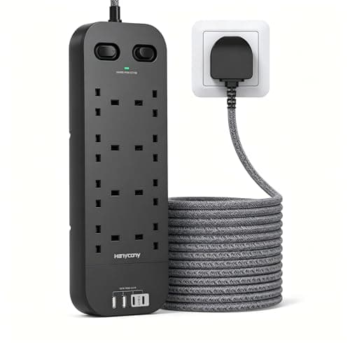 Image of 3M Black Extension Lead with 8 AC Outlets & 4 USB Ports (1800J Surge Protection), Dual Switch Power Strip with 10FT Braided Extension Cable for Home, Dorm & Office