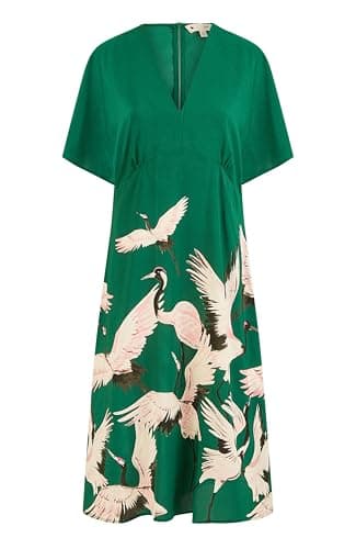 Image of Yumi Green Recycled Fabric Crane Print Kimono Midi Dress (UK, Numeric, 14, Regular, Regular, Green)