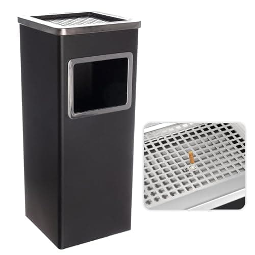 Image of Curvaso Premium Ashtray Bin Large Stainless Steel Outdoor Dustbin Removable Lid Free-Standing Garden, Office, Restaurant & Pub, Black Square