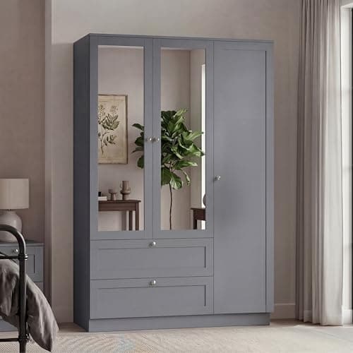 Image of Vida Designs Altino 3 Door 2 Drawer Mirrored Wardrobe | Grey | Bedroom Furniture | 170H x 116W x 53D cm | With Storage Shelf & Hanging Rail | Large Capacity Storage
