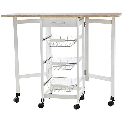 Image of HOMCOM Drop-Leaf Kitchen Cart Trolley w/ 3 Baskets Drawer Surface Top 6 Universal Wheels Rolling Storage Unit Kitchen Home Dining Island White Oak Tone